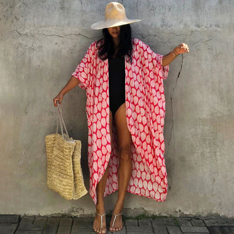 Fitshinling Summer Vintage Kimono Swimwear Halo Dyeing Beach Cover Up With Sashes Oversized Long Cardigan Holiday Sexy Covers