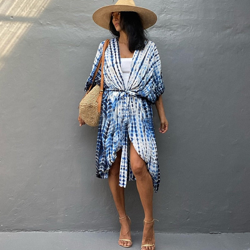 Fitshinling Summer Vintage Kimono Swimwear Halo Dyeing Beach Cover Up With Sashes Oversized Long Cardigan Holiday Sexy Covers