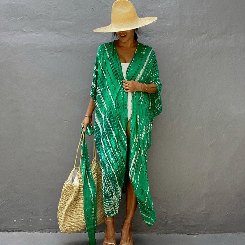 Fitshinling Summer Vintage Kimono Swimwear Halo Dyeing Beach Cover Up With Sashes Oversized Long Cardigan Holiday Sexy Covers