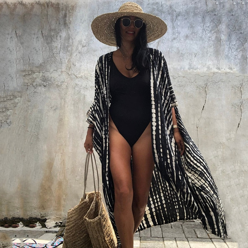 Fitshinling Summer Vintage Kimono Swimwear Halo Dyeing Beach Cover Up With Sashes Oversized Long Cardigan Holiday Sexy Covers