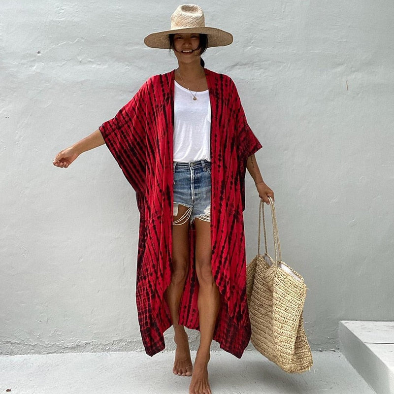 Fitshinling Summer Vintage Kimono Swimwear Halo Dyeing Beach Cover Up With Sashes Oversized Long Cardigan Holiday Sexy Covers