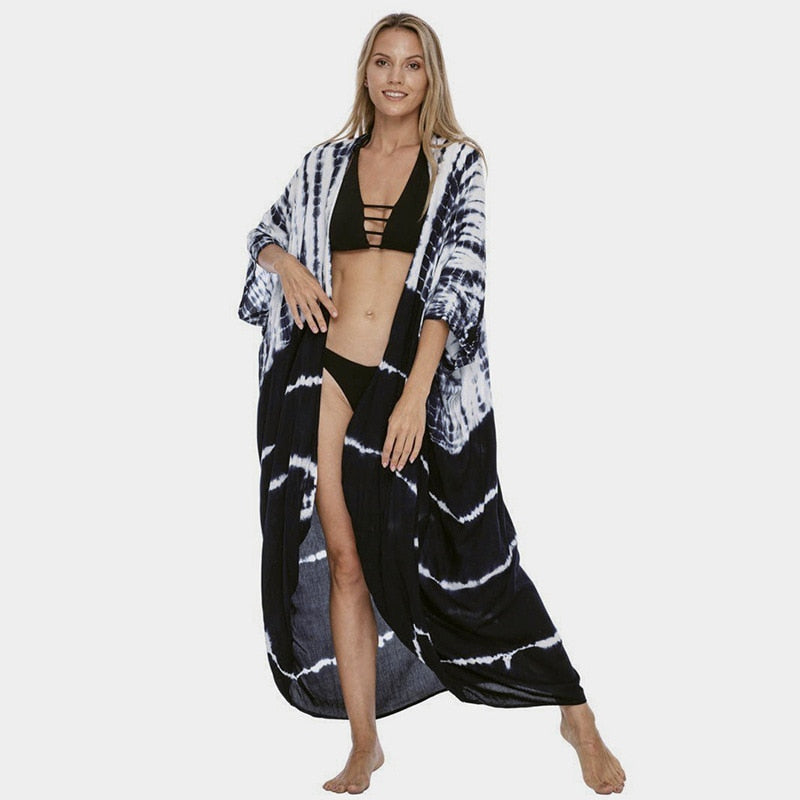 Fitshinling Summer Vintage Kimono Swimwear Halo Dyeing Beach Cover Up With Sashes Oversized Long Cardigan Holiday Sexy Covers