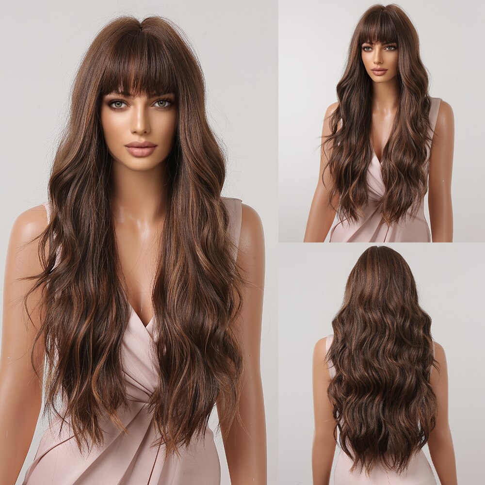 HAIRCUBE Brown Mixed Blonde Synthetic Wigs with Bang Long Natural Wavy Hair Wig for Women Daily Cosplay Use Heat Resistant