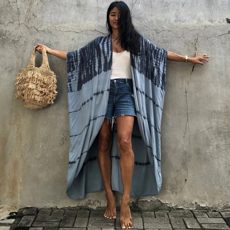 Fitshinling Summer Vintage Kimono Swimwear Halo Dyeing Beach Cover Up With Sashes Oversized Long Cardigan Holiday Sexy Covers