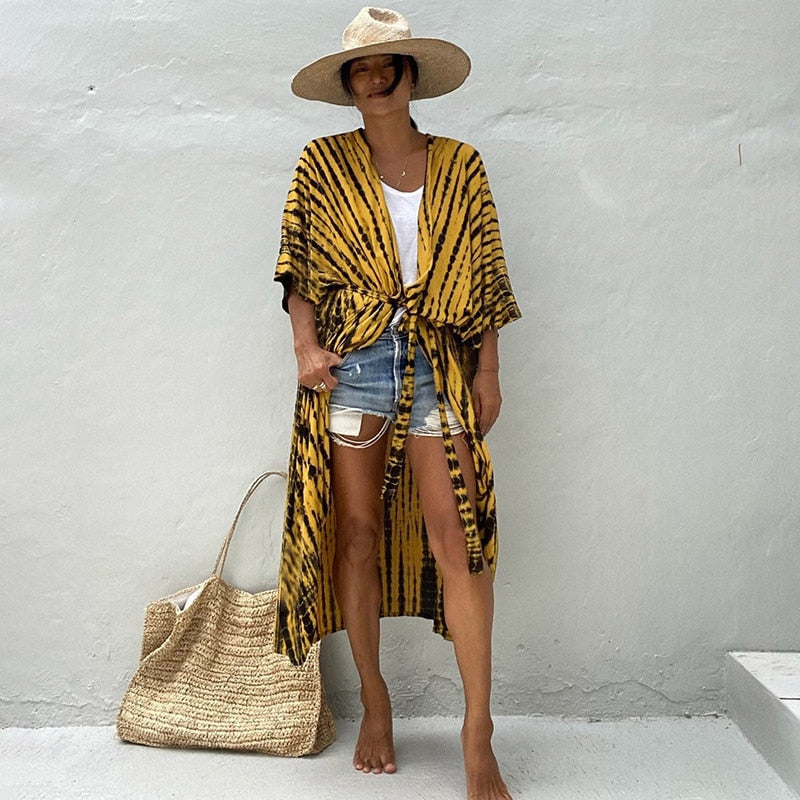 Fitshinling Summer Vintage Kimono Swimwear Halo Dyeing Beach Cover Up With Sashes Oversized Long Cardigan Holiday Sexy Covers