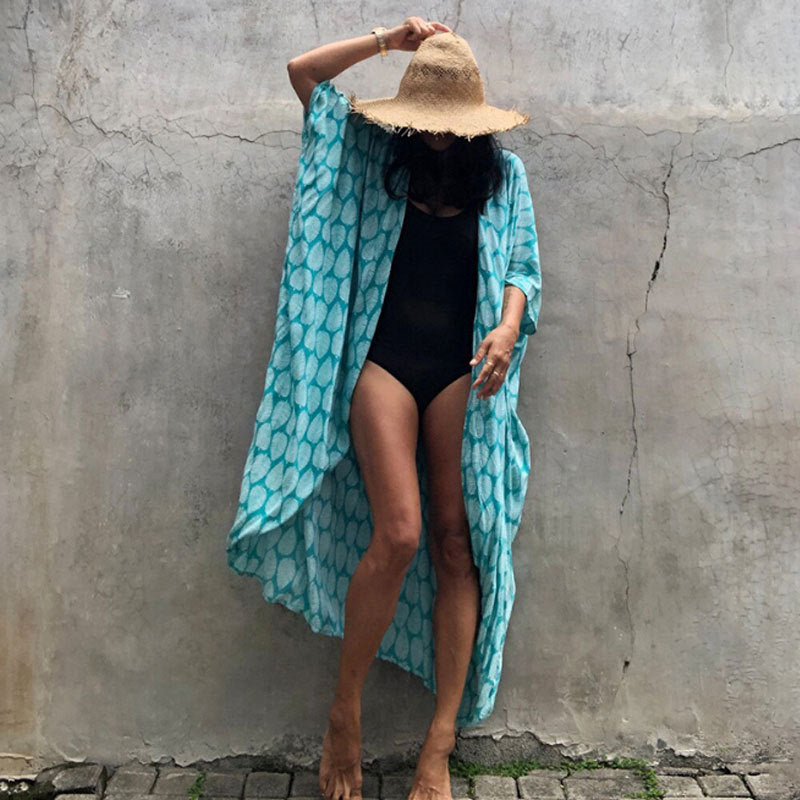 Fitshinling Summer Vintage Kimono Swimwear Halo Dyeing Beach Cover Up With Sashes Oversized Long Cardigan Holiday Sexy Covers