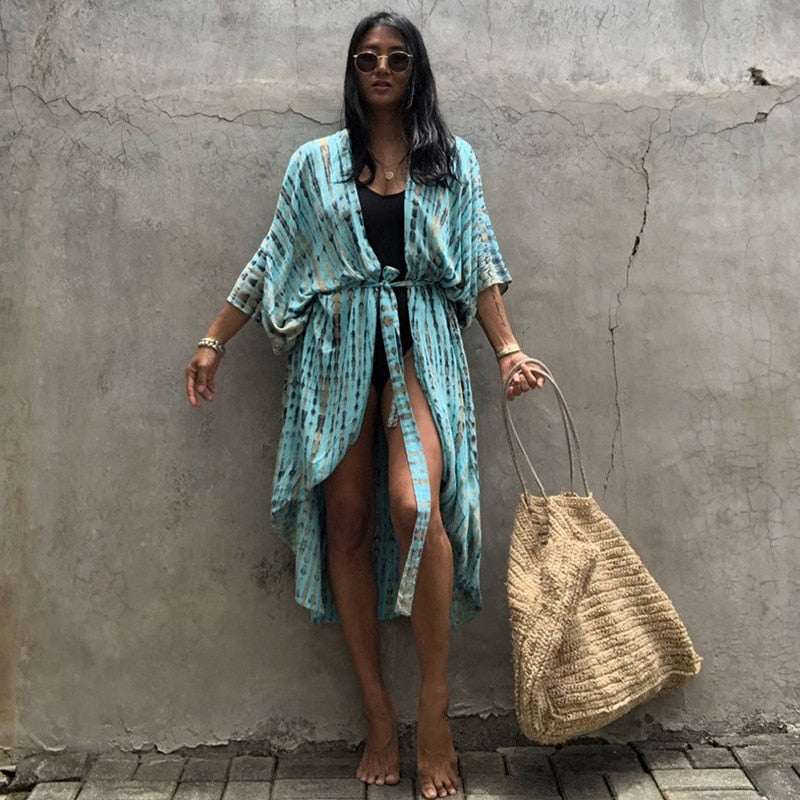 Fitshinling Summer Vintage Kimono Swimwear Halo Dyeing Beach Cover Up With Sashes Oversized Long Cardigan Holiday Sexy Covers