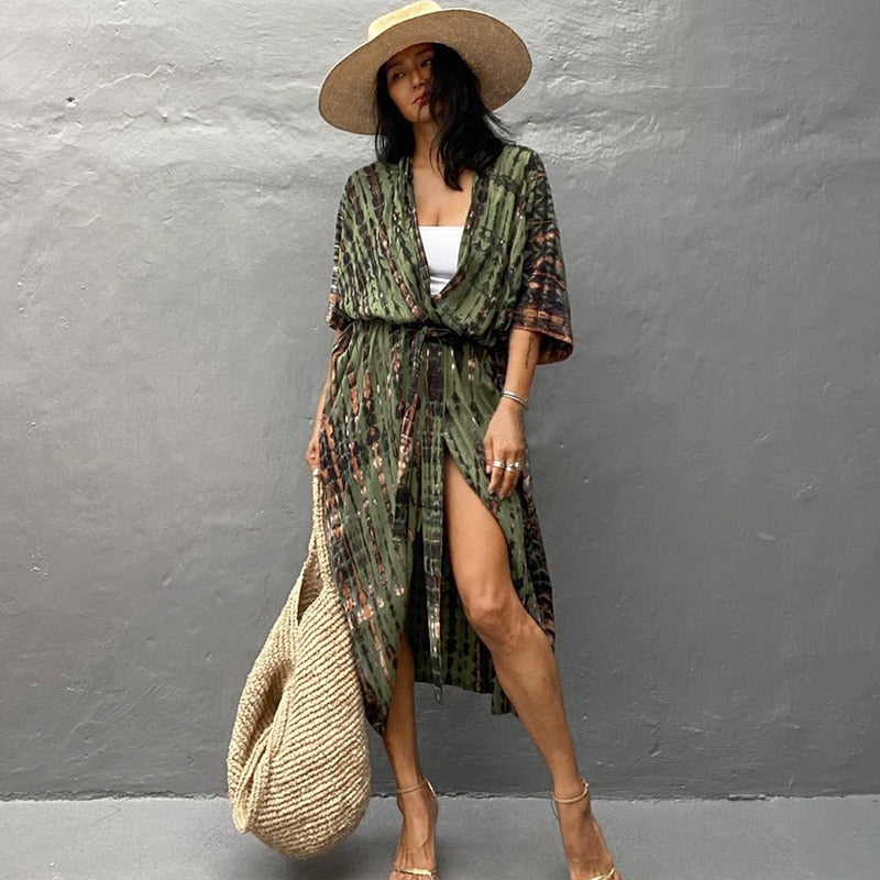 Fitshinling Summer Vintage Kimono Swimwear Halo Dyeing Beach Cover Up With Sashes Oversized Long Cardigan Holiday Sexy Covers